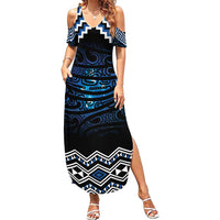 New Zealand Matariki Family Matching Summer Maxi Dress and Hawaiian Shirt Galaxy Styled Taniko LT7 Mom's Dress Blue - Polynesian Pride