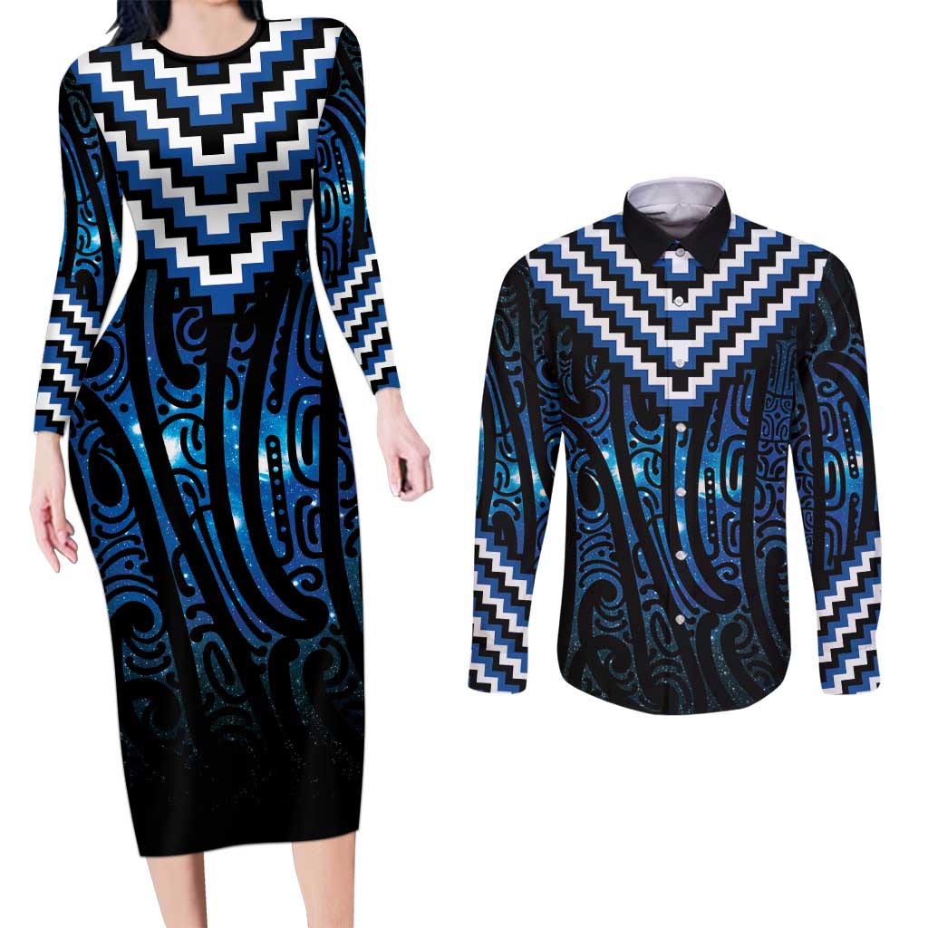 New Zealand Matariki Couples Matching Long Sleeve Bodycon Dress and Long Sleeve Button Shirt Galaxy Poutama Motifs LT7 Blue - Polynesian Pride