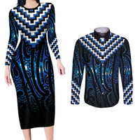 New Zealand Matariki Couples Matching Long Sleeve Bodycon Dress and Long Sleeve Button Shirt Galaxy Poutama Motifs LT7 Blue - Polynesian Pride