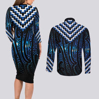 New Zealand Matariki Couples Matching Long Sleeve Bodycon Dress and Long Sleeve Button Shirt Galaxy Poutama Motifs LT7 - Polynesian Pride