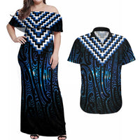 New Zealand Matariki Couples Matching Off Shoulder Maxi Dress and Hawaiian Shirt Galaxy Poutama Motifs LT7 Blue - Polynesian Pride