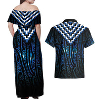 New Zealand Matariki Couples Matching Off Shoulder Maxi Dress and Hawaiian Shirt Galaxy Poutama Motifs LT7 - Polynesian Pride