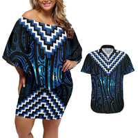 New Zealand Matariki Couples Matching Off Shoulder Short Dress and Hawaiian Shirt Galaxy Poutama Motifs LT7 Blue - Polynesian Pride