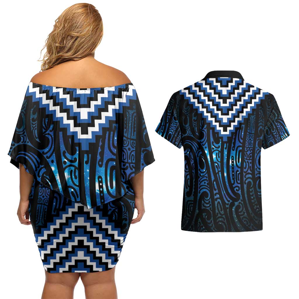 New Zealand Matariki Couples Matching Off Shoulder Short Dress and Hawaiian Shirt Galaxy Poutama Motifs LT7 - Polynesian Pride