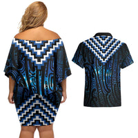 New Zealand Matariki Couples Matching Off Shoulder Short Dress and Hawaiian Shirt Galaxy Poutama Motifs LT7 - Polynesian Pride