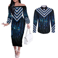 New Zealand Matariki Couples Matching Off The Shoulder Long Sleeve Dress and Long Sleeve Button Shirt Galaxy Poutama Motifs LT7 Blue - Polynesian Pride