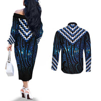 New Zealand Matariki Couples Matching Off The Shoulder Long Sleeve Dress and Long Sleeve Button Shirt Galaxy Poutama Motifs LT7 - Polynesian Pride