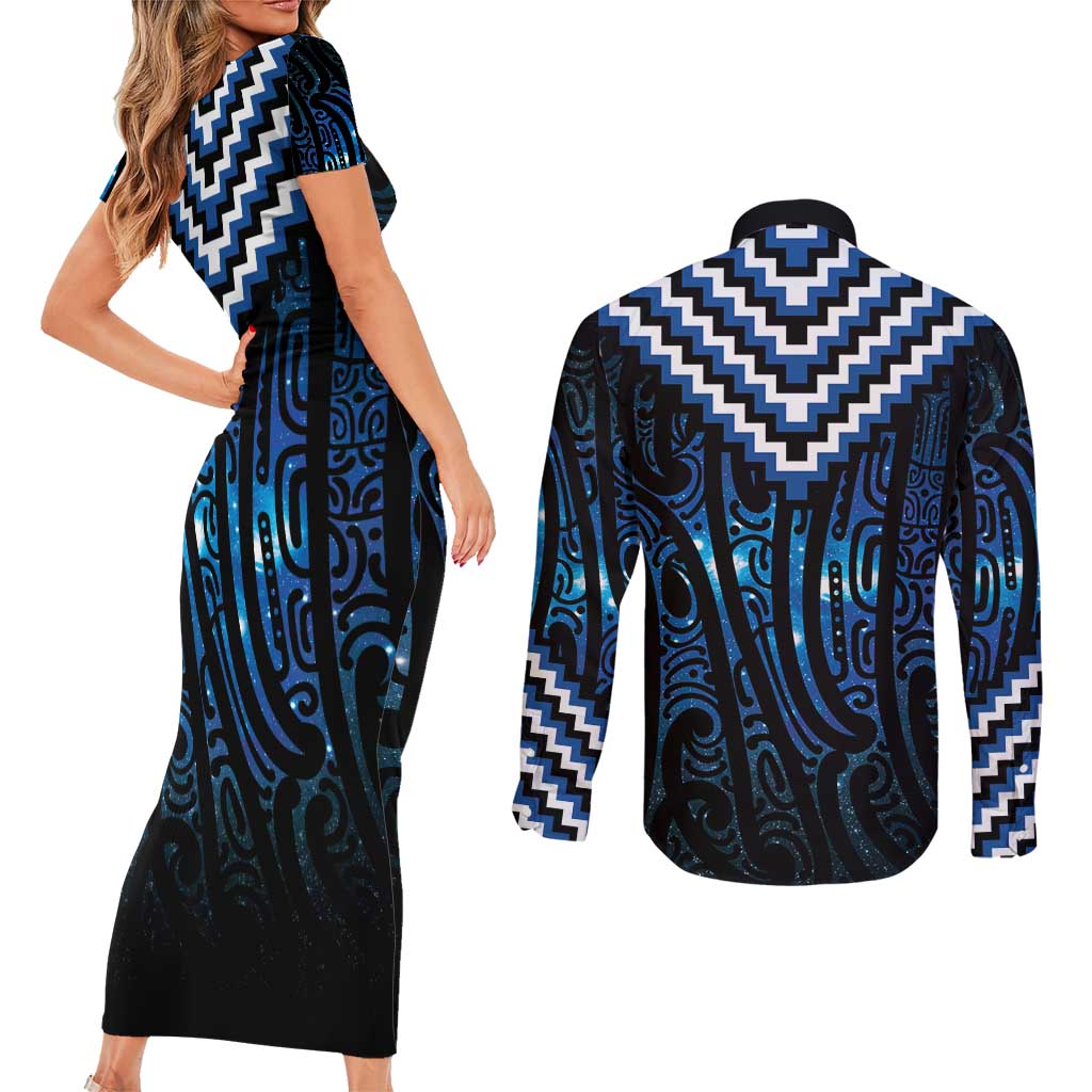 New Zealand Matariki Couples Matching Short Sleeve Bodycon Dress and Long Sleeve Button Shirt Galaxy Poutama Motifs LT7 - Polynesian Pride