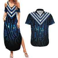 New Zealand Matariki Couples Matching Summer Maxi Dress and Hawaiian Shirt Galaxy Poutama Motifs LT7 Blue - Polynesian Pride