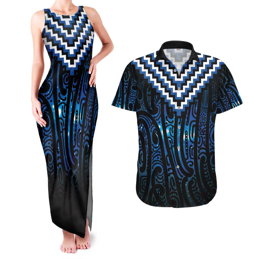 New Zealand Matariki Couples Matching Tank Maxi Dress and Hawaiian Shirt Galaxy Poutama Motifs LT7 Blue - Polynesian Pride