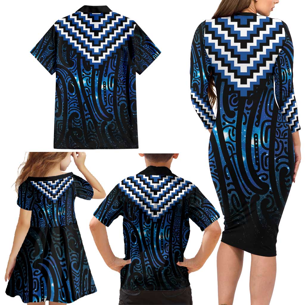 New Zealand Matariki Family Matching Long Sleeve Bodycon Dress and Hawaiian Shirt Galaxy Poutama Motifs LT7 - Polynesian Pride