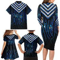 New Zealand Matariki Family Matching Long Sleeve Bodycon Dress and Hawaiian Shirt Galaxy Poutama Motifs LT7 - Polynesian Pride