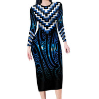 New Zealand Matariki Family Matching Long Sleeve Bodycon Dress and Hawaiian Shirt Galaxy Poutama Motifs LT7 Mom's Dress Blue - Polynesian Pride