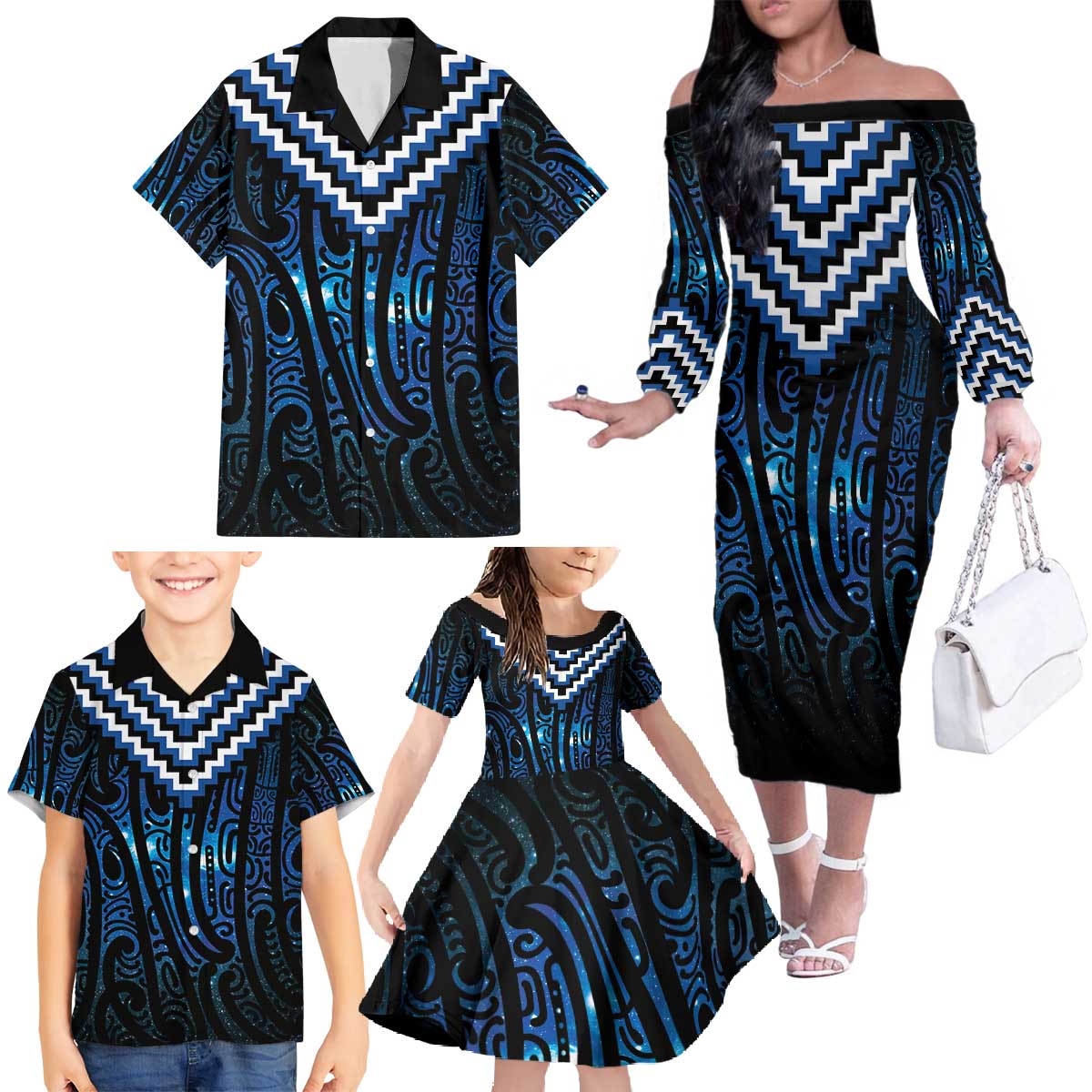 New Zealand Matariki Family Matching Off The Shoulder Long Sleeve Dress and Hawaiian Shirt Galaxy Poutama Motifs LT7 - Polynesian Pride