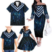 New Zealand Matariki Family Matching Off The Shoulder Long Sleeve Dress and Hawaiian Shirt Galaxy Poutama Motifs LT7 - Polynesian Pride