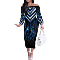 New Zealand Matariki Family Matching Off The Shoulder Long Sleeve Dress and Hawaiian Shirt Galaxy Poutama Motifs LT7 Mom's Dress Blue - Polynesian Pride