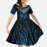 New Zealand Matariki Family Matching Off Shoulder Maxi Dress and Hawaiian Shirt Galaxy Poutama Motifs LT7 Daughter's Dress Blue - Polynesian Pride