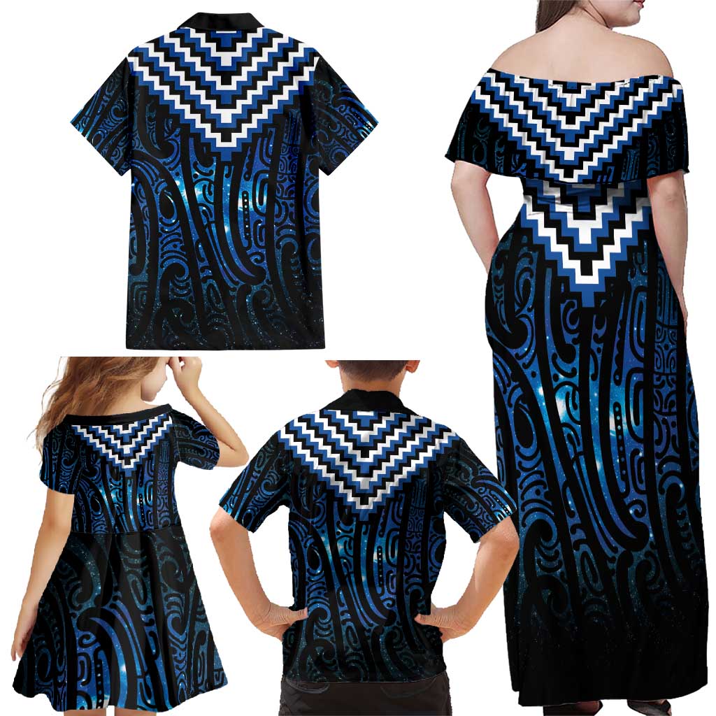 New Zealand Matariki Family Matching Off Shoulder Maxi Dress and Hawaiian Shirt Galaxy Poutama Motifs LT7 - Polynesian Pride