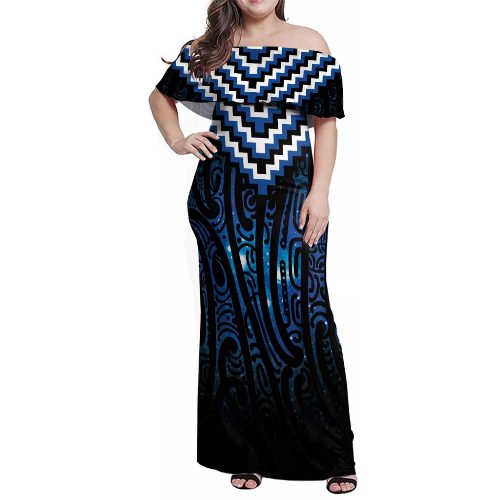 New Zealand Matariki Family Matching Off Shoulder Maxi Dress and Hawaiian Shirt Galaxy Poutama Motifs LT7 Mom's Dress Blue - Polynesian Pride