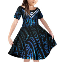 New Zealand Matariki Family Matching Off Shoulder Short Dress and Hawaiian Shirt Galaxy Poutama Motifs LT7 Daughter's Dress Blue - Polynesian Pride