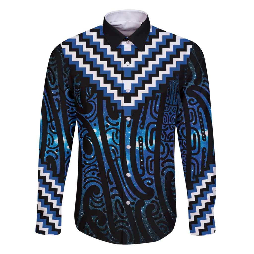 New Zealand Matariki Family Matching Off Shoulder Short Dress and Hawaiian Shirt Galaxy Poutama Motifs LT7 Dad's Shirt - Long Sleeve Blue - Polynesian Pride
