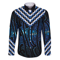 New Zealand Matariki Family Matching Off Shoulder Short Dress and Hawaiian Shirt Galaxy Poutama Motifs LT7 Dad's Shirt - Long Sleeve Blue - Polynesian Pride