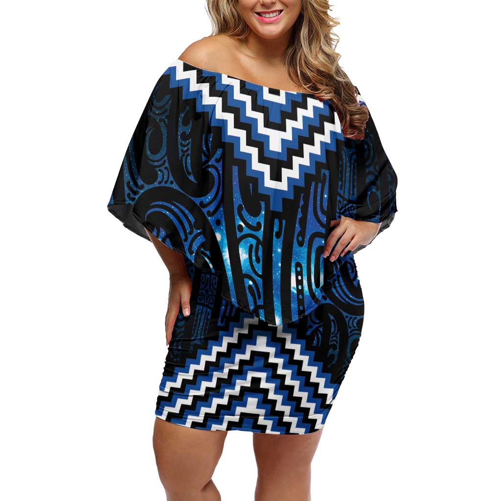 New Zealand Matariki Family Matching Off Shoulder Short Dress and Hawaiian Shirt Galaxy Poutama Motifs LT7 Mom's Dress Blue - Polynesian Pride