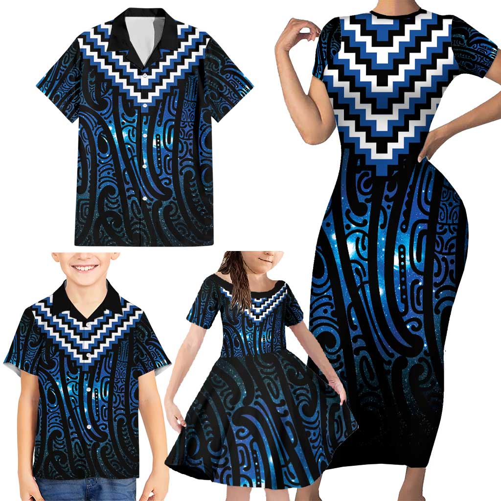 New Zealand Matariki Family Matching Short Sleeve Bodycon Dress and Hawaiian Shirt Galaxy Poutama Motifs LT7 - Polynesian Pride