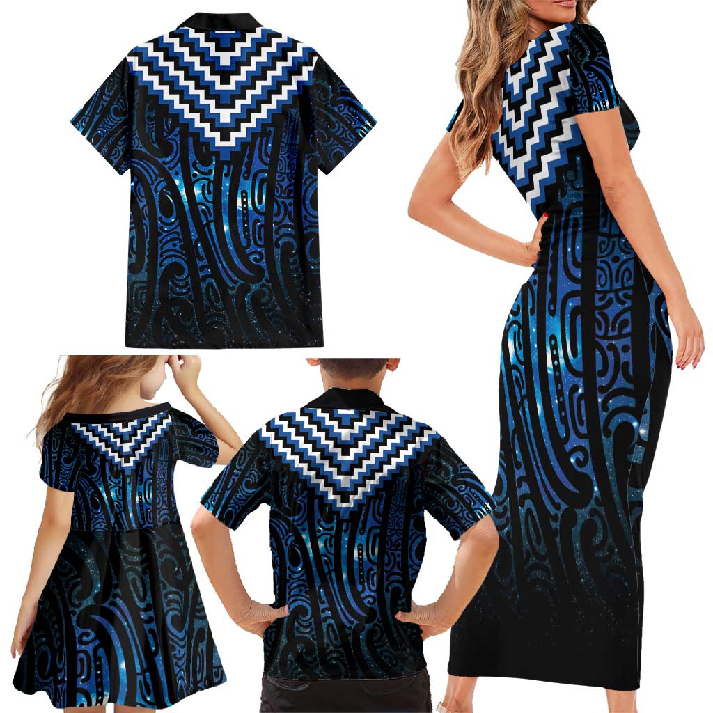 New Zealand Matariki Family Matching Short Sleeve Bodycon Dress and Hawaiian Shirt Galaxy Poutama Motifs LT7 - Polynesian Pride