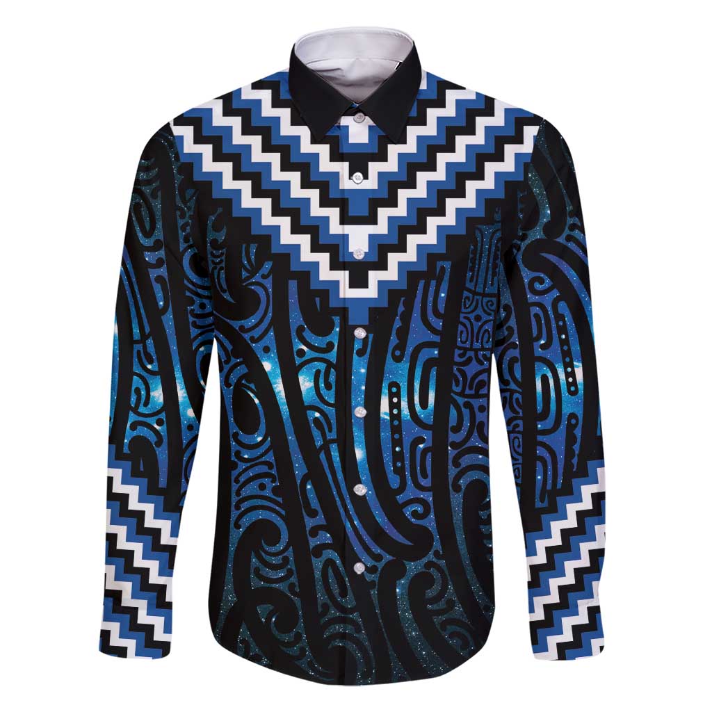 New Zealand Matariki Family Matching Short Sleeve Bodycon Dress and Hawaiian Shirt Galaxy Poutama Motifs LT7 Dad's Shirt - Long Sleeve Blue - Polynesian Pride