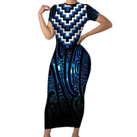 New Zealand Matariki Family Matching Short Sleeve Bodycon Dress and Hawaiian Shirt Galaxy Poutama Motifs LT7 Mom's Dress Blue - Polynesian Pride