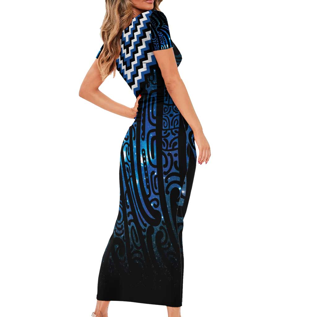 New Zealand Matariki Family Matching Short Sleeve Bodycon Dress and Hawaiian Shirt Galaxy Poutama Motifs LT7 - Polynesian Pride