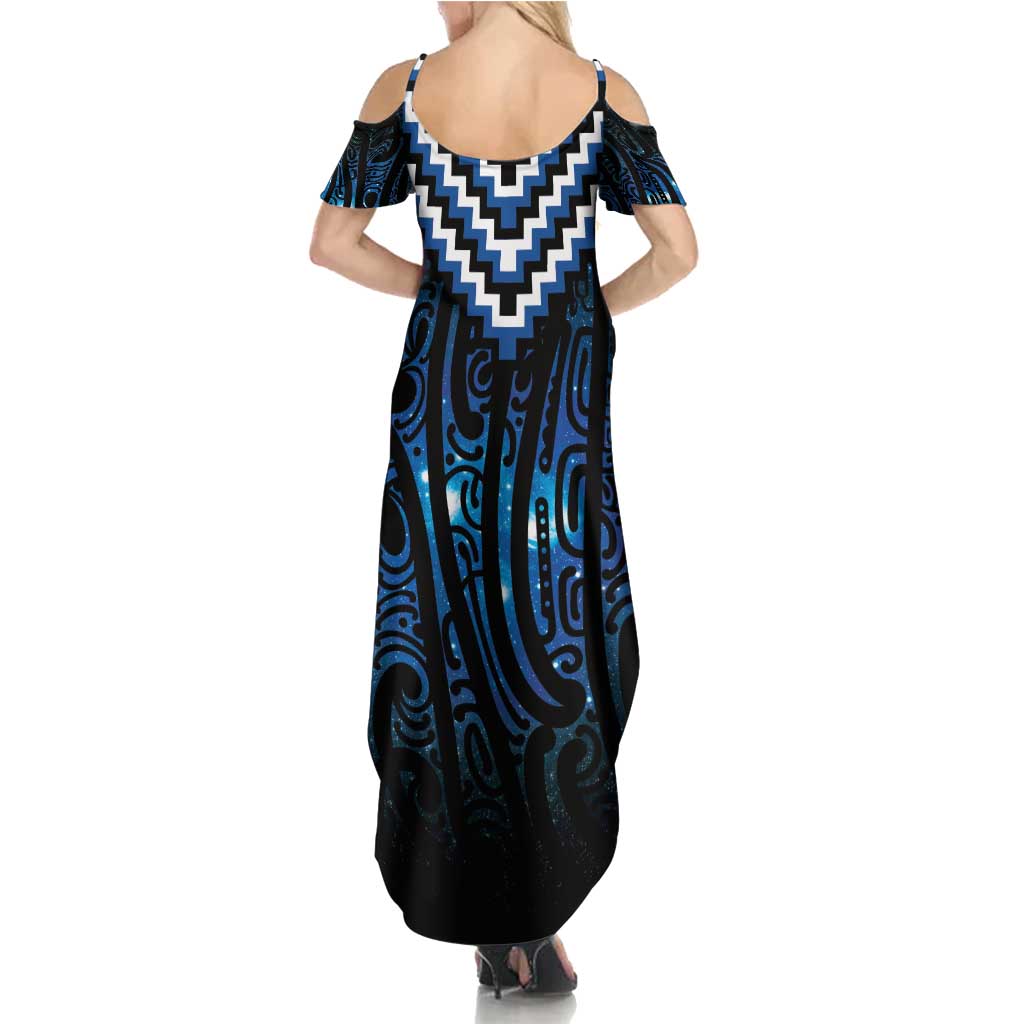 New Zealand Matariki Family Matching Summer Maxi Dress and Hawaiian Shirt Galaxy Poutama Motifs LT7 - Polynesian Pride
