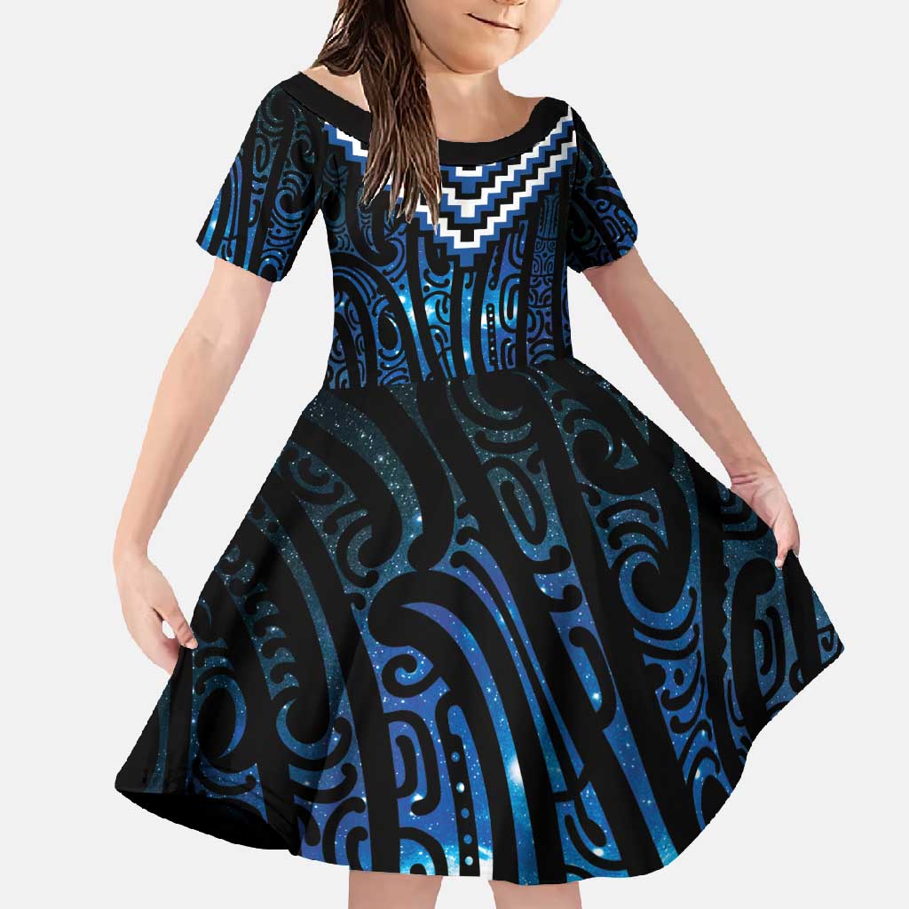 New Zealand Matariki Family Matching Tank Maxi Dress and Hawaiian Shirt Galaxy Poutama Motifs LT7 Daughter's Dress Blue - Polynesian Pride