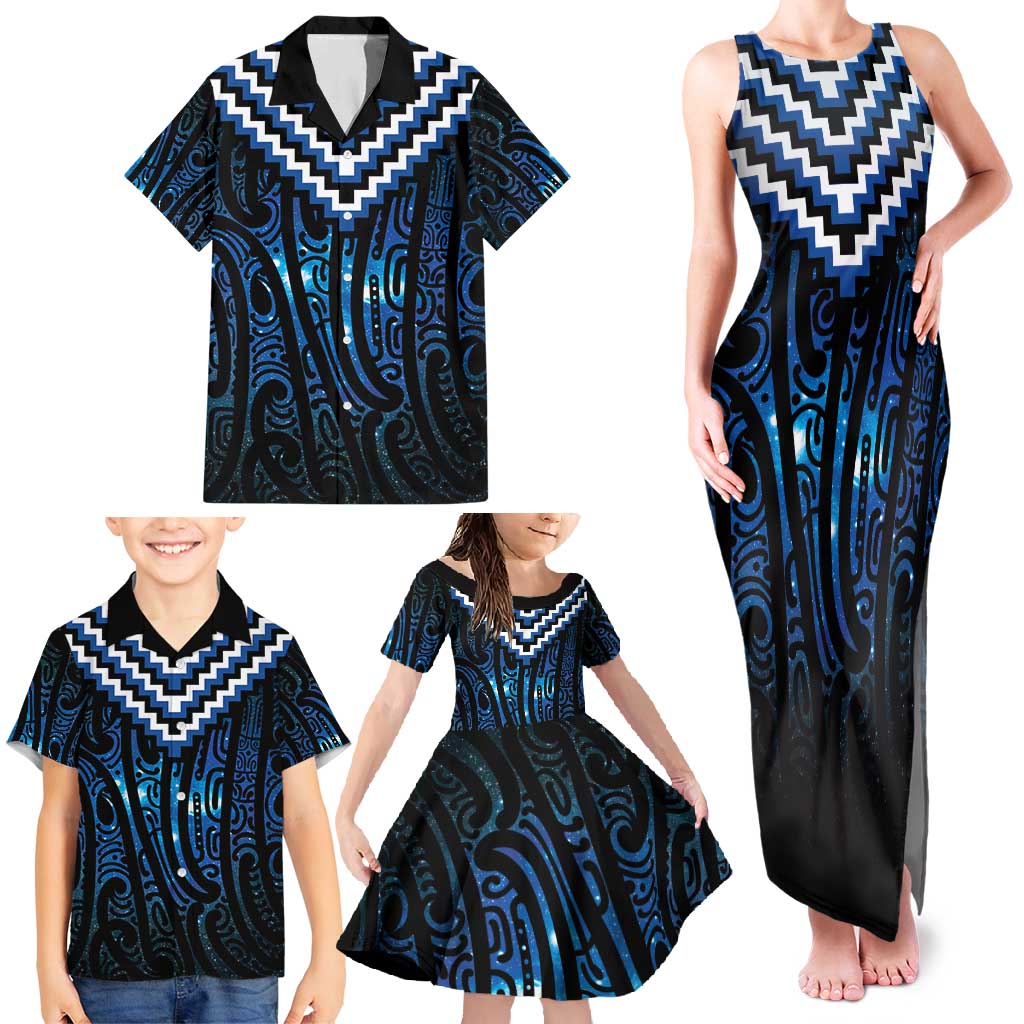 New Zealand Matariki Family Matching Tank Maxi Dress and Hawaiian Shirt Galaxy Poutama Motifs LT7 - Polynesian Pride