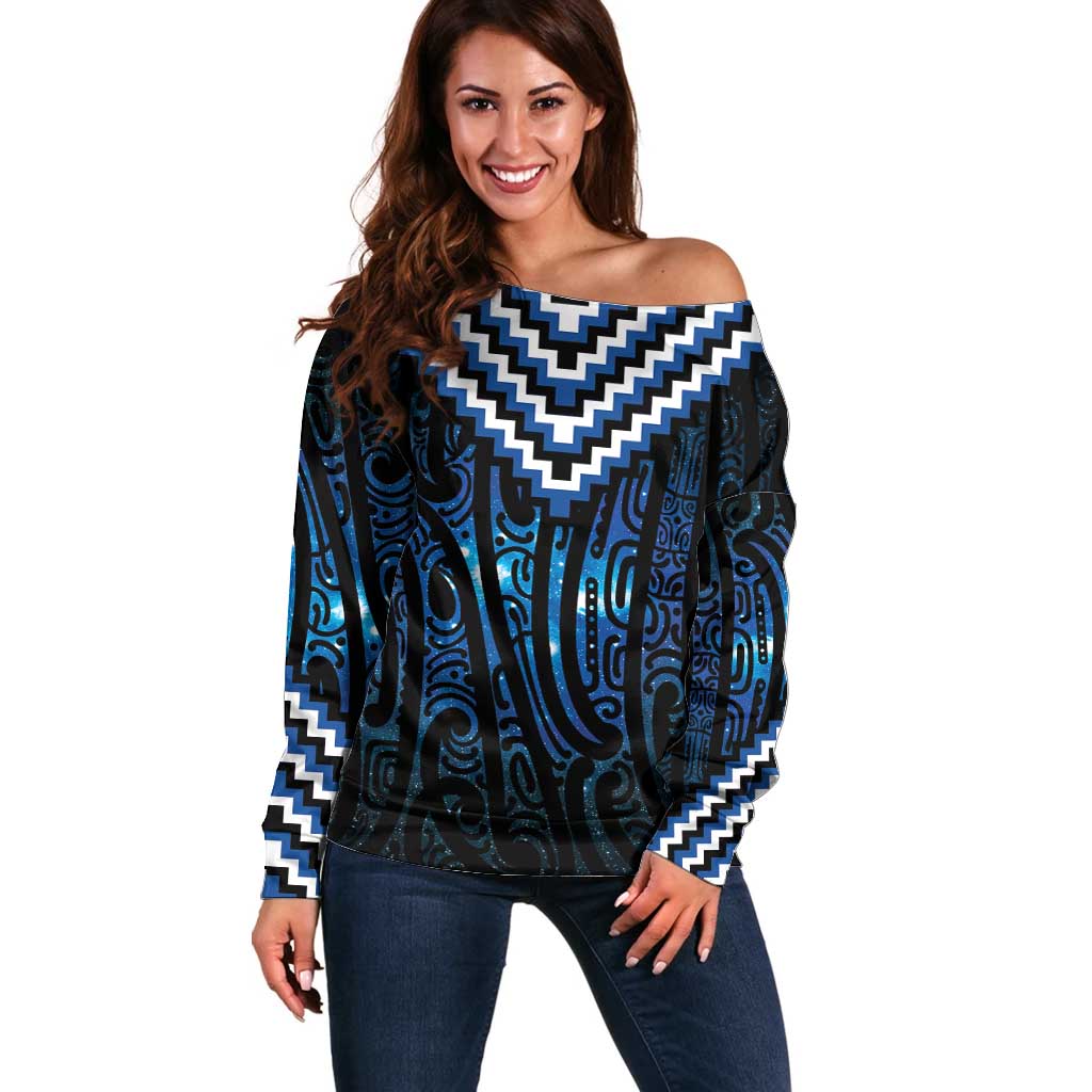 New Zealand Matariki Off Shoulder Sweater Galaxy Poutama Motifs LT7 Women Blue - Polynesian Pride