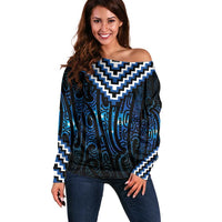 New Zealand Matariki Off Shoulder Sweater Galaxy Poutama Motifs LT7 Women Blue - Polynesian Pride