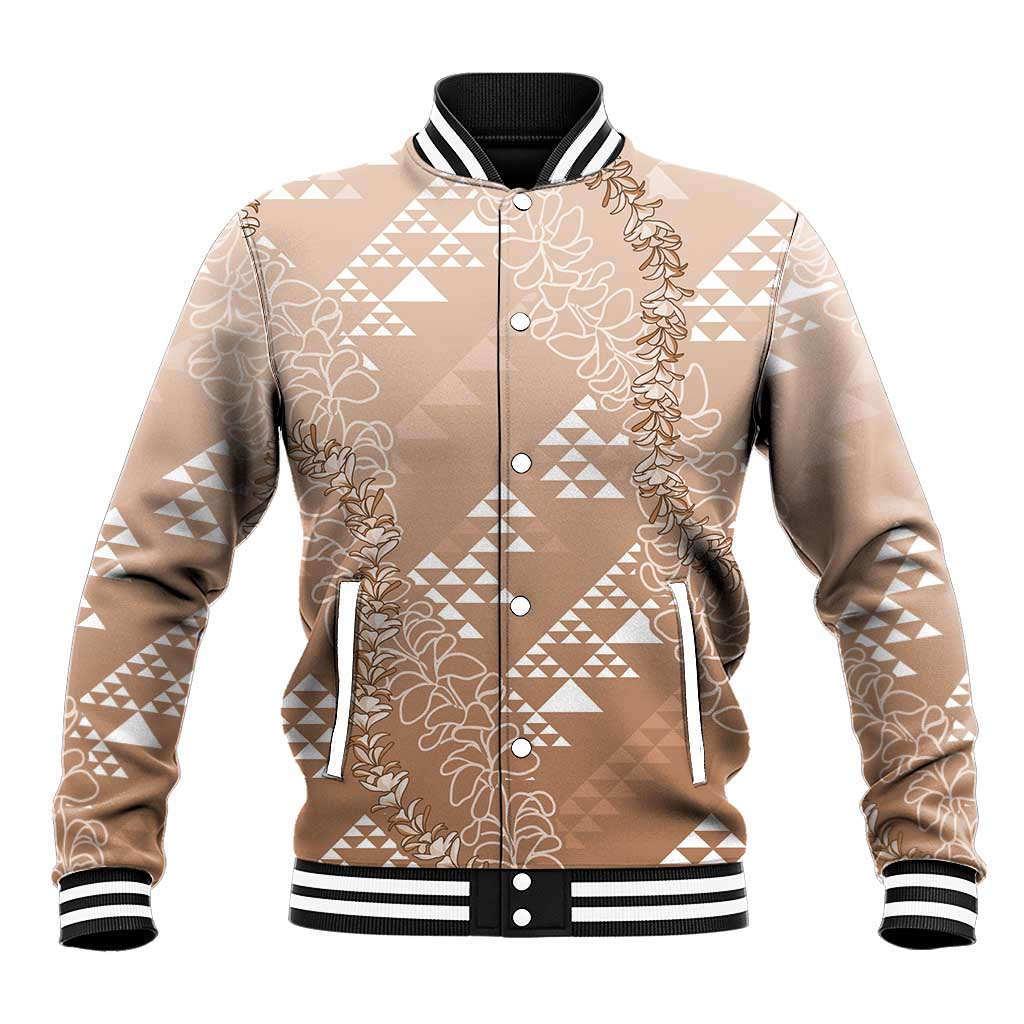 Hawaii Beige Kapa Baseball Jacket Vintage 'Ohe Kāpala Motifs Mix Plumeria Leis