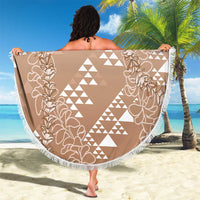 Hawaii Beige Kapa Beach Blanket Vintage 'Ohe Kāpala Motifs Mix Plumeria Leis