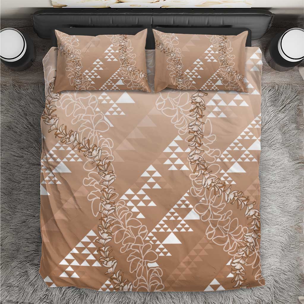Hawaii Beige Kapa Bedding Set Vintage 'Ohe Kāpala Motifs Mix Plumeria Leis