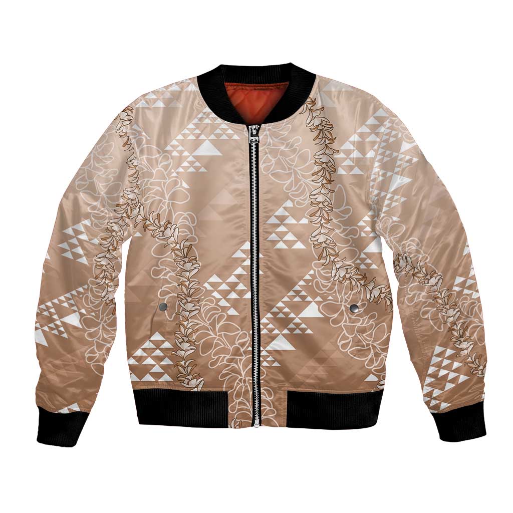 Hawaii Beige Kapa Bomber Jacket Vintage 'Ohe Kāpala Motifs Mix Plumeria Leis