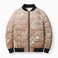Hawaii Beige Kapa Bomber Puffer Jacket Vintage 'Ohe Kāpala Motifs Mix Plumeria Leis
