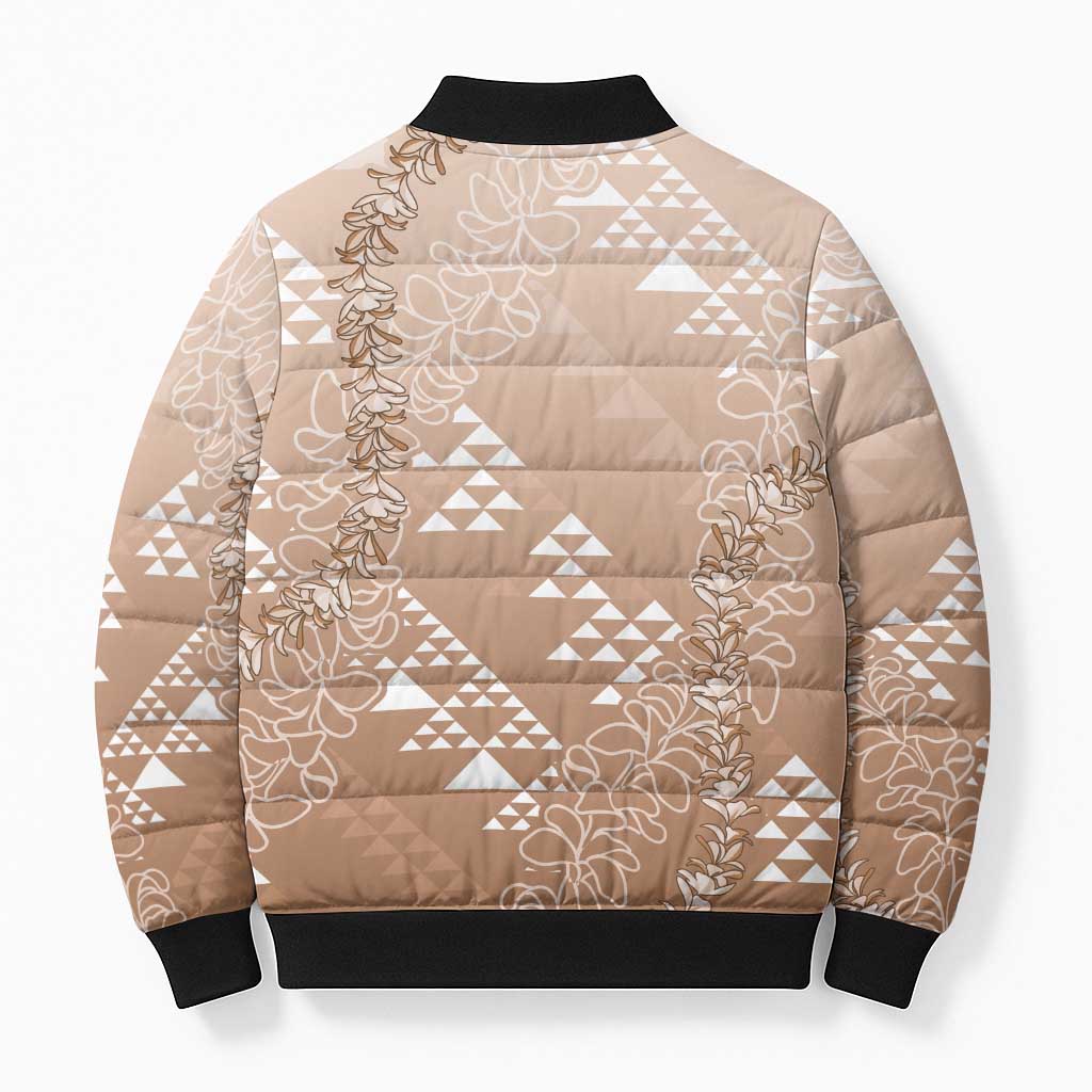 Hawaii Beige Kapa Bomber Puffer Jacket Vintage 'Ohe Kāpala Motifs Mix Plumeria Leis