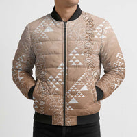 Hawaii Beige Kapa Bomber Puffer Jacket Vintage 'Ohe Kāpala Motifs Mix Plumeria Leis