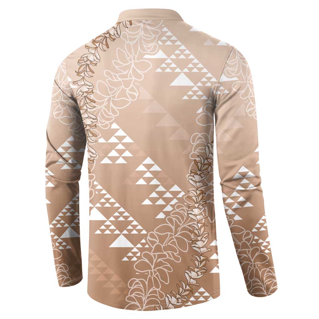 Hawaii Beige Kapa Button Sweatshirt Vintage 'Ohe Kāpala Motifs Mix Plumeria Leis