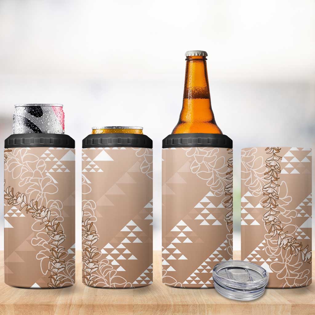 Hawaii Beige Kapa 4 in 1 Can Cooler Tumbler Vintage 'Ohe Kāpala Motifs Mix Plumeria Leis LT7 - Polynesian Pride
