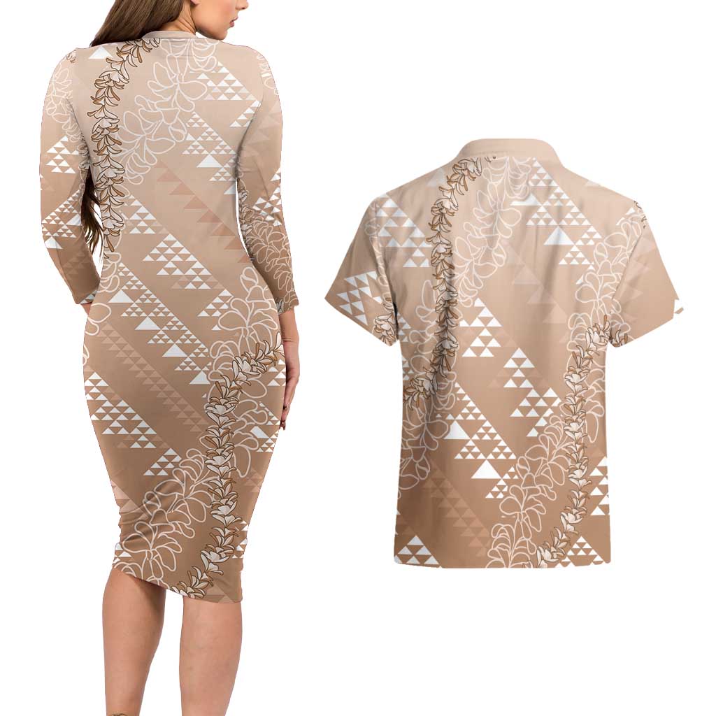 Hawaii Beige Kapa Couples Matching Long Sleeve Bodycon Dress and Hawaiian Shirt Vintage 'Ohe Kāpala Motifs Mix Plumeria Leis LT7 - Polynesian Pride