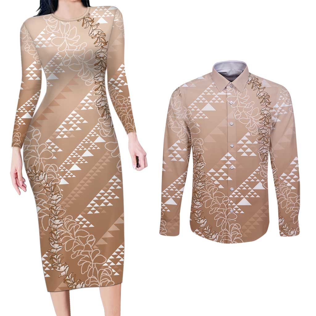 Hawaii Beige Kapa Couples Matching Long Sleeve Bodycon Dress and Long Sleeve Button Shirt Vintage 'Ohe Kāpala Motifs Mix Plumeria Leis