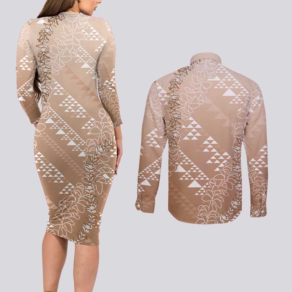 Hawaii Beige Kapa Couples Matching Long Sleeve Bodycon Dress and Long Sleeve Button Shirt Vintage 'Ohe Kāpala Motifs Mix Plumeria Leis LT7 - Polynesian Pride