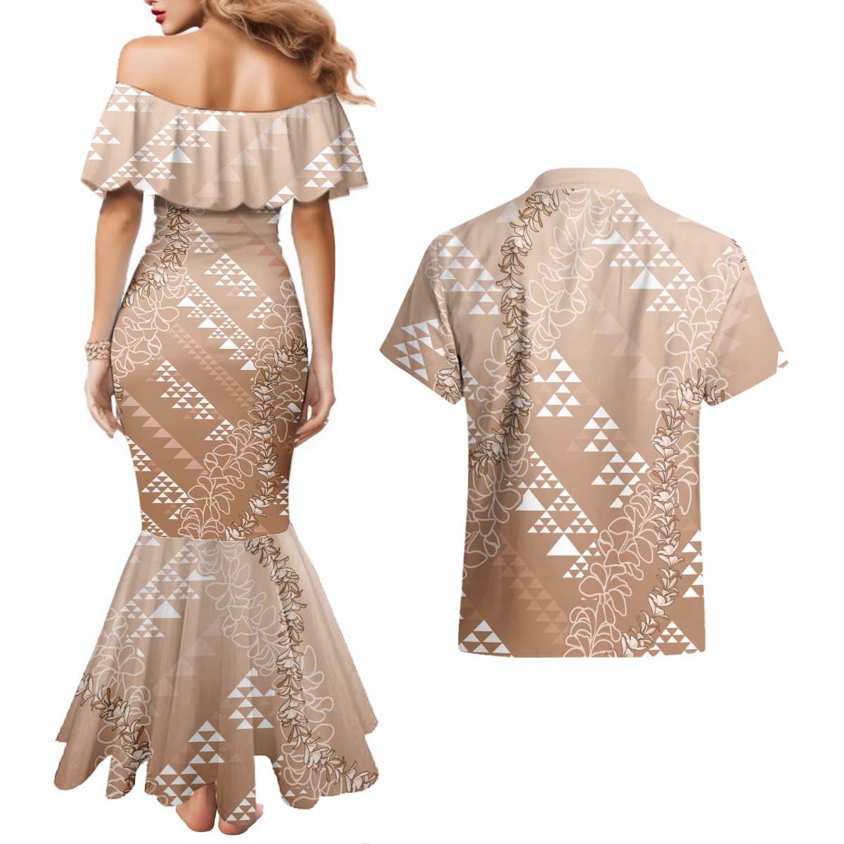 Hawaii Beige Kapa Couples Matching Mermaid Dress and Hawaiian Shirt Vintage 'Ohe Kāpala Motifs Mix Plumeria Leis LT7 - Polynesian Pride